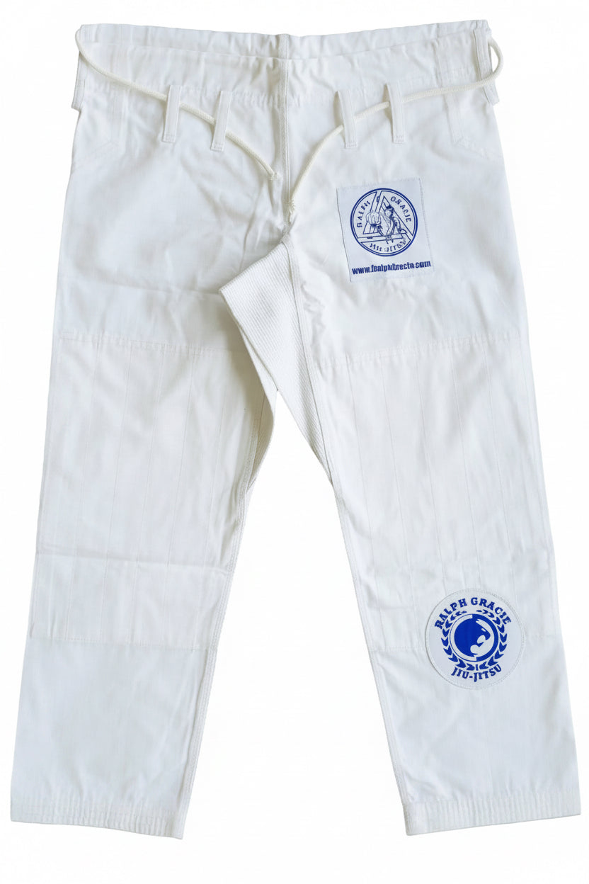 White martial arts pants with a logo on a with background
