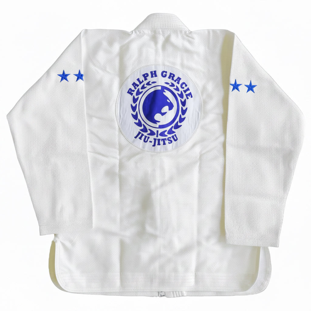 White martial arts gi with Ralph Gracie Jiu-Jitsu logo on a white background